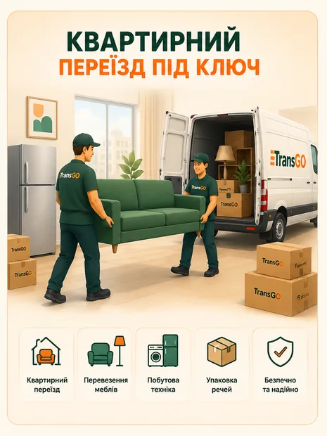 Квартирний переїзд під ключ TransGO з вантажниками, меблями, технікою, пакуванням речей і вантажним авто