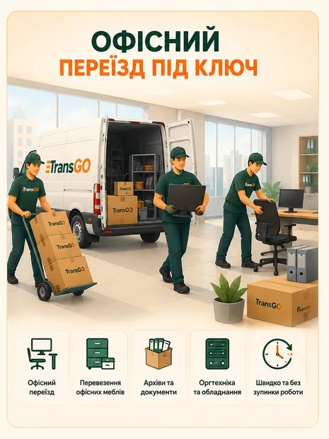Офісний переїзд під ключ TransGO з вантажниками, офісними меблями, оргтехнікою, архівами і документами