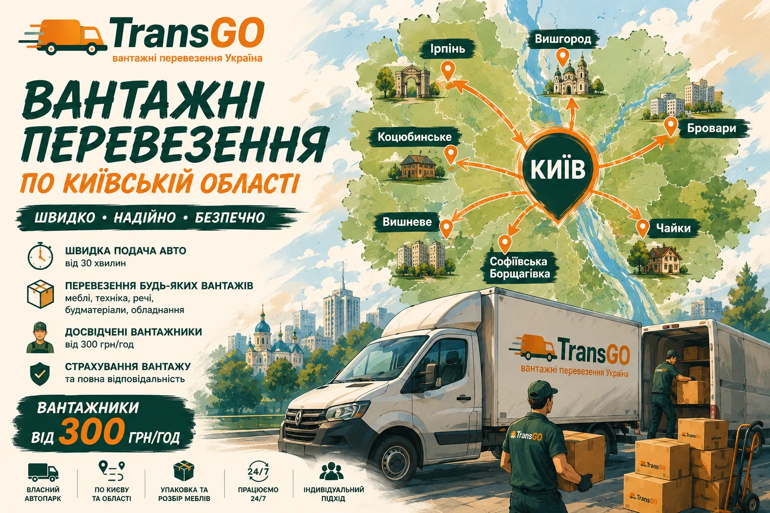 Вантажні перевезення Київська область TransGO з вантажниками Вантажні перевезення Київська область TransGO: Ірпінь, Вишневе, Вишгород, Бровари, авто і вантажники від 300 грн за годину