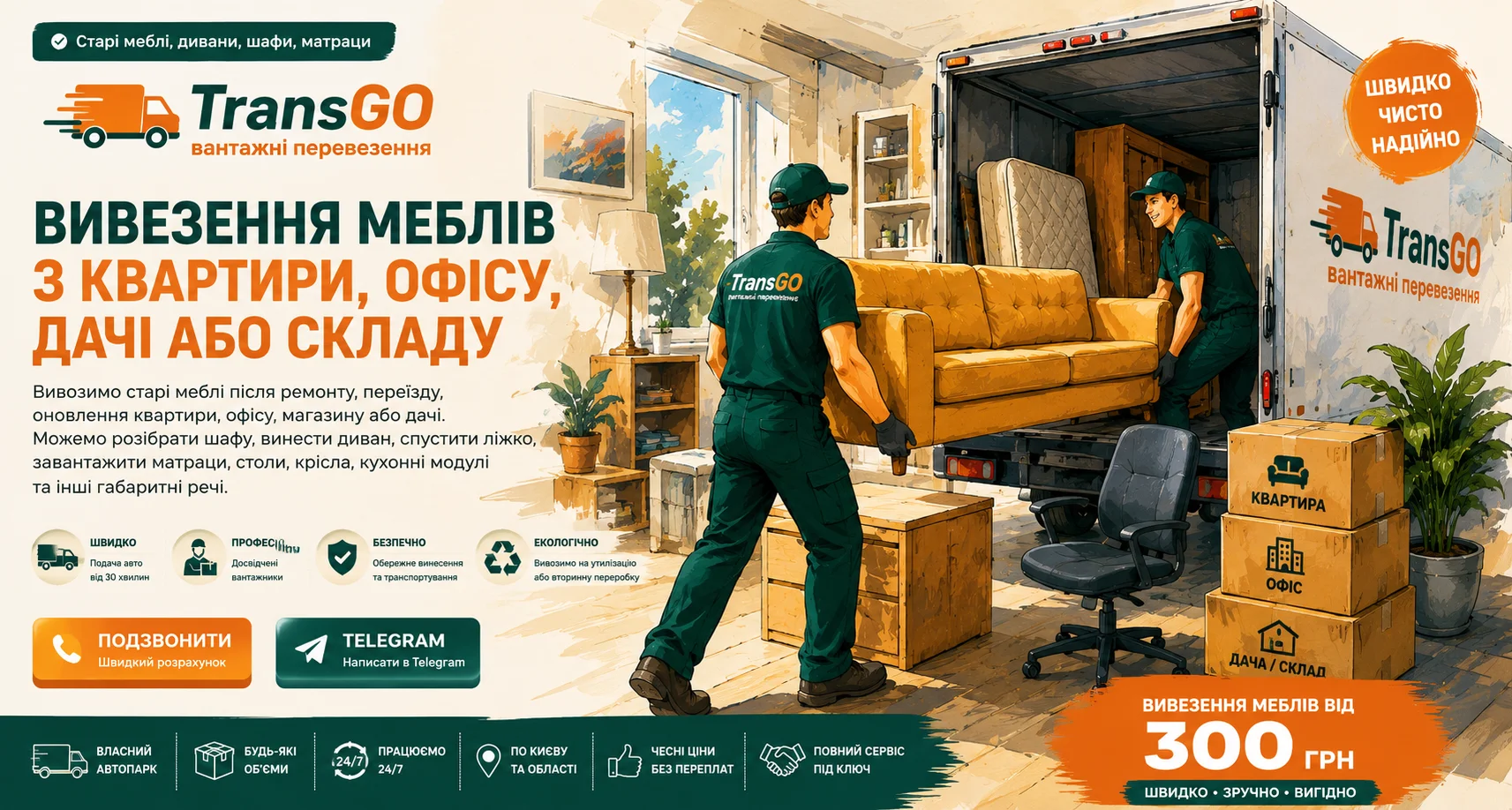 Вывоз мебели из квартиры, офиса, дачи и склада — TransGO. Вывоз старых диванов, шкафов, матрасов, кухонь, комодов, кресел, столов, офисной мебели, демонтаж, спуск без лифта, грузчики и утилизация по Киеву, Киевской области и Украине.